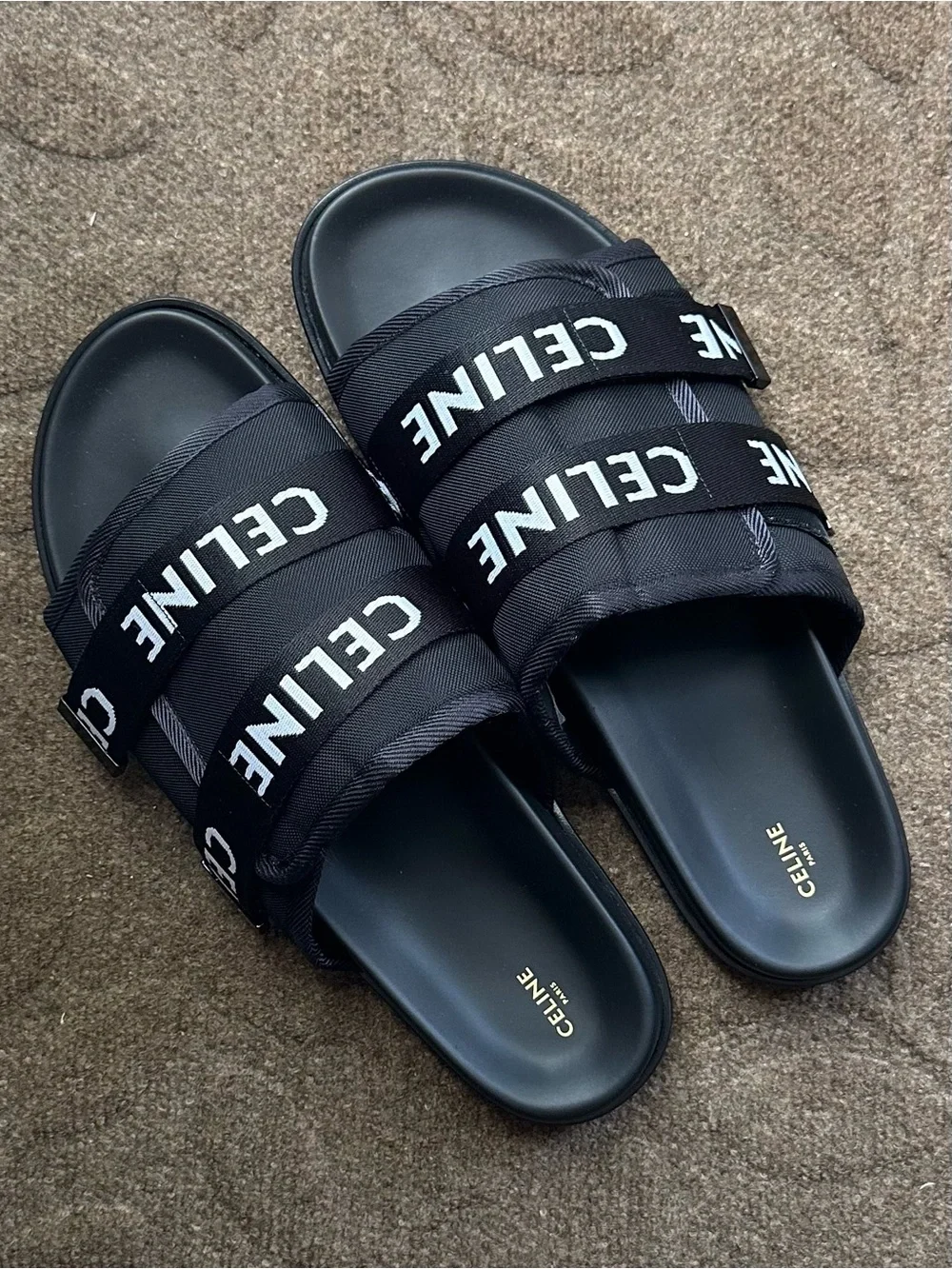 Celine Black Logo-Jacquard Canvas Sandals Men's Slide Sandals 12